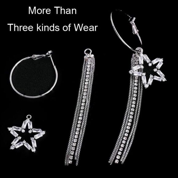 Silver Stars Dazzling Long Tassel Chains Hoop Earrings NEW - Picture 4 of 4